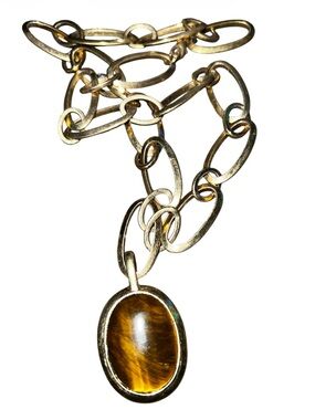 Vintage Gold Tone Chain Necklace with Genuine Tigers Eye Tigerseye Pendant